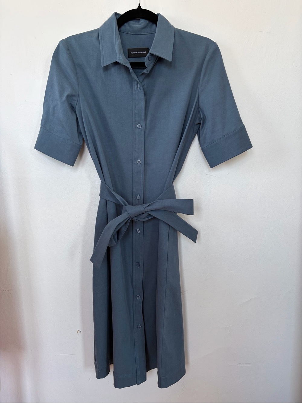 Slate Blue Button-Front Midi Shirt Dress with Belt - Made in Canada